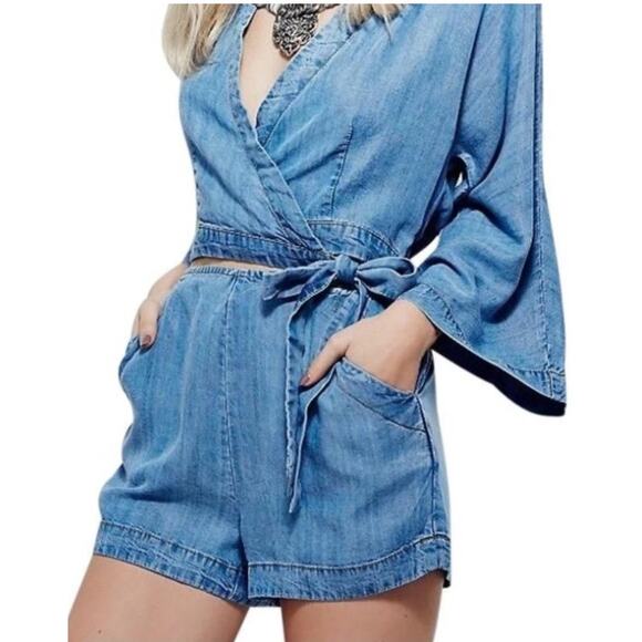 Free People Marlin Chambray One-Piece Shorts Romper Bell Sleeve Jumpsuit Size S - Picture 2 of 16
